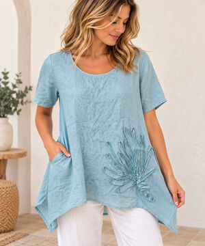 Kleen Linen Tunic Small Blue Floral Applique Lagenlook Asymmetrical